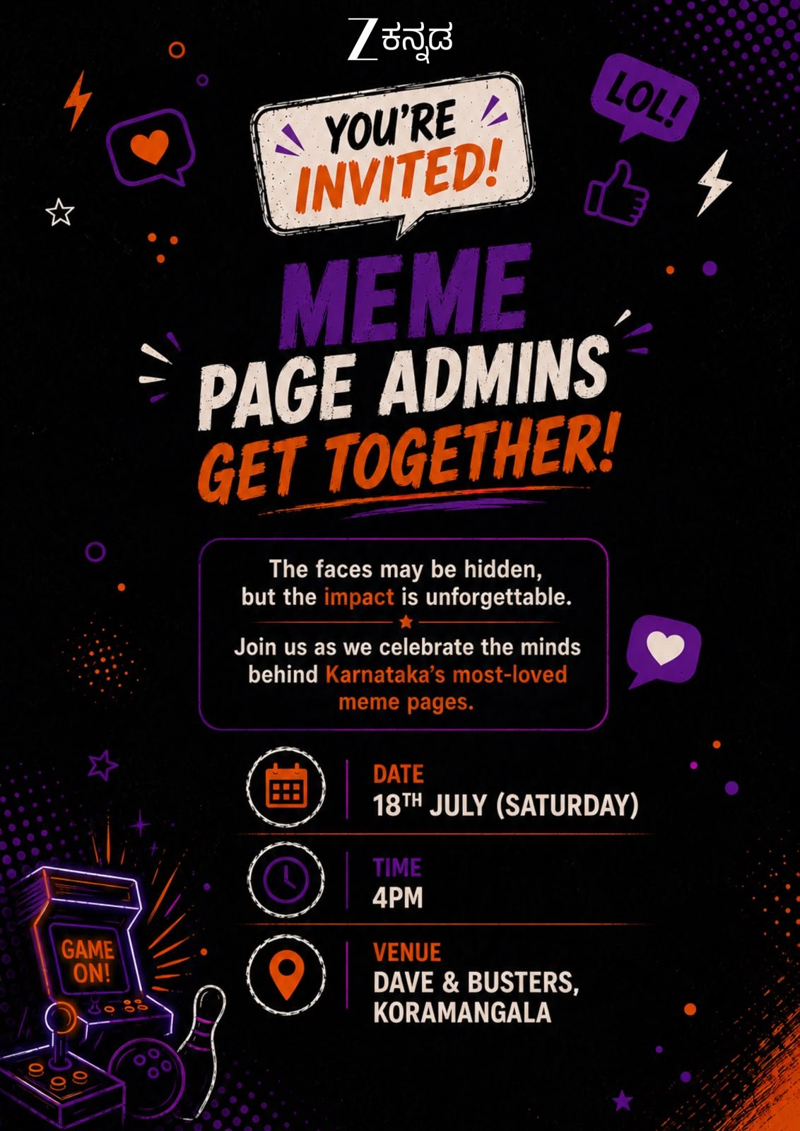 Zee Kannada Meme Page Admins Get Together — 18 July, Dave & Busters, Koramangala